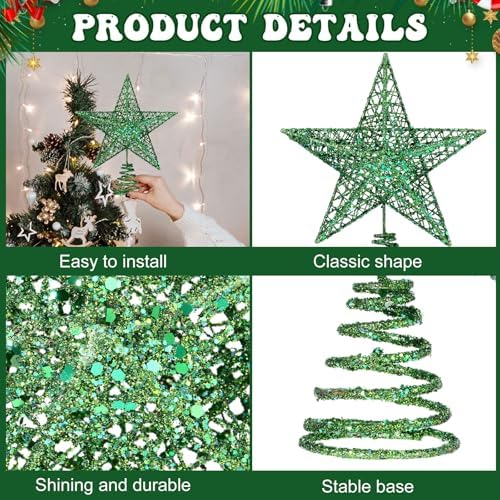 Bememo 8 Inches Glitter Star Christmas Tree Topper Shimmery,Gold, Green - Image 3