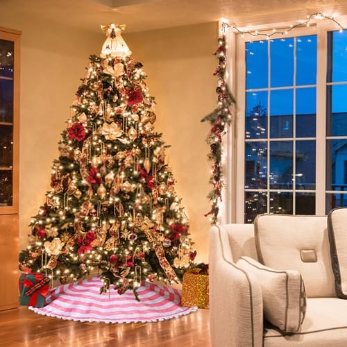 30 Inch Pink and White Christmas Tree Skirt with Pom Poms - Image 3
