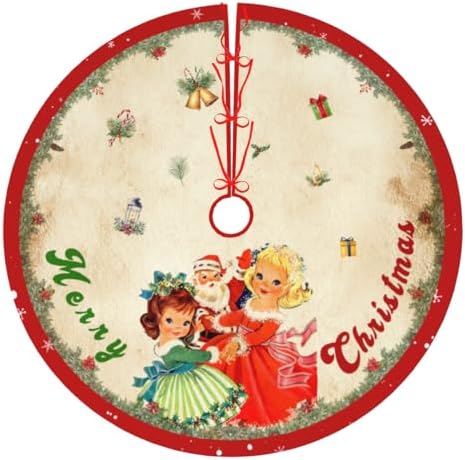 Vintage Christmas Tree Skirt Christmas Decorations - Red Vintage Style Xmas Tree Skirt Mat with Santa Claus Girls Snowflake Pattern for Indoor Outdoor Merry Christmas Holiday Party Decor 48 Inches - Image 2