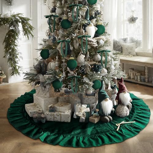 Velvet Christmas Tree Skirt, 60 Inches, Bow Style, Dark Green - Image 2