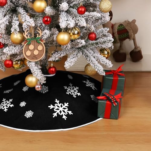 23 Inch Black Burlap Christmas Tree Skirt with White Snowflakes - Image 6