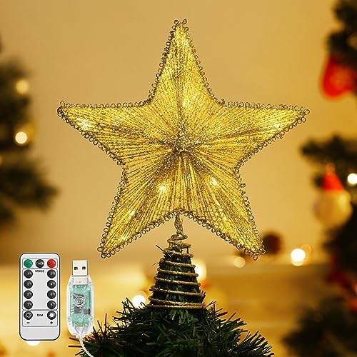 Lewondr Lighted Christmas Star Tree Topper with Remote & Timer, Champagne by Lewondr