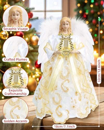Angel Tree Topper with Lights, 12'' Christmas Tree Topper Angel, Battery Operated Lighted Treetop Ornaments, Elegant Christmas Tree Decorations for Indoor Office Holiday - Image 4