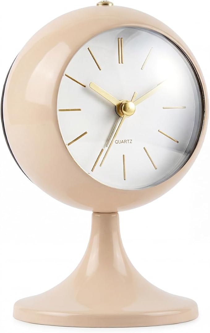 Analog Alarm Clock, Mid-Century Modern Desk Clock, Silent Non-Ticking Quartz Table Clock with Gold Hands, Battery Operated Decorative Clock for Bedroom, Office, Living Room (Light Champagne)