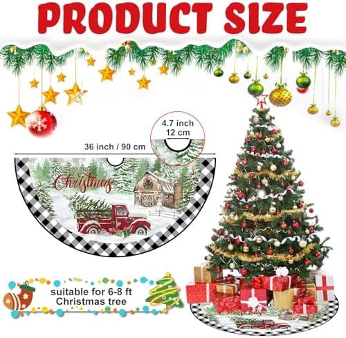 Blosssound Christmas Tree Skirt Buffalo Plaid Retro Red Truck Xmas Tree Skirt for Winter Holiday Farmhouse Christmas Party Decoration(48 Inch,Truck,Black White) - Image 3