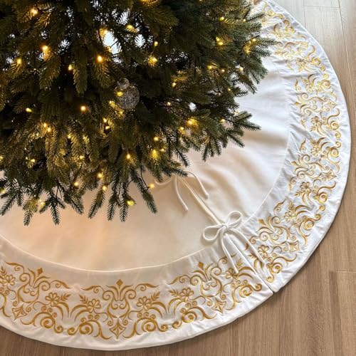 72-Inch Victorian Velvet Christmas Tree Skirt with Gold Damask Embroidery and Plush Lace Ties, Ivory by StarryDynamo