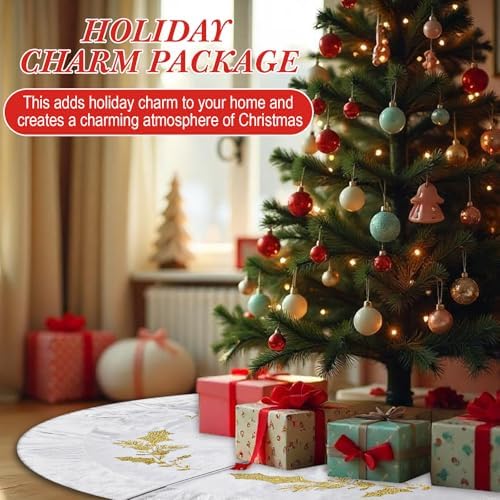 48 Inches Christmas White Velvet Tree Skirt Decorations White Luxury Fur Plush Skirts with Gold Embroidered Holly for Xmas Wedding Rustic Vintage Party Holiday Home - Image 5
