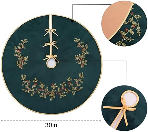 Green Christmas Tree Skirt Velvet 30 inch，Embroidered Vintage Dark Green Tree Skirt, Elegant Fur Plush Xmas Tree Skirts for Merry Christmas Party Xmas Tree Decorations - Image 5