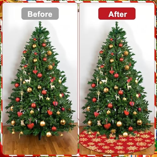 48 Inch Christmas Snowflake Tree Skirt Gold Snowflake Red Christmas Tree Skirt Large Red Round Xmas Trees Mat with Gold Snowflakes for Winter Holiday New Year Party Xmas Trees Home Decor - Image 4