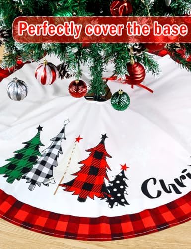 Multiwins Christmas Tree Skirt 48 Inch Red Rustic Xmas Tree Skirt with Snowflake, Black Red Buffalo Plaid Christmas Tree Skirt Ornaments for Merry Christmas Holiday Party Decorations Indoor Outdoor - Image 3