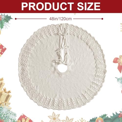 Christmas Tree Skirt 48 Inch Knitted Xmas Tree Skirt Cable Knit Tree Skirt Christmas Tree Decorations for Farmhouse Xmas Holiday Home Party (White, 48in) - Image 2