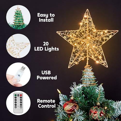 JOIEDOMI 9.5inch Metal Beaded Christmas Star Tree Topper, 20LED Warm White Lights Golden Tree Topper, USB Powered Remote Control for Christmas Tree Decorations Home Holiday Party Indoor Decor - Image 3