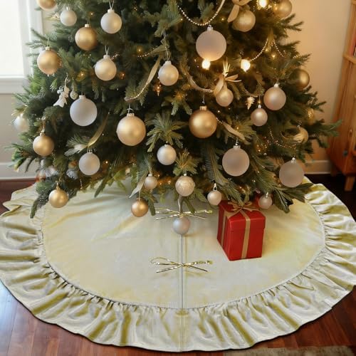 48 Inches Velvet Christmas Tree Skirt Decorations Gold Luxury Xmas Fur Plush Skirts for Merry Christmas Party Rustic Vintage Holiday Home Winter by QIJISTORM