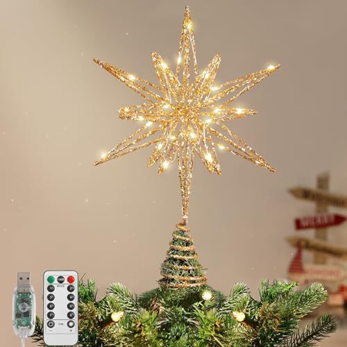 Lewondr Christmas Tree Topper, 14" Lighted 3D Geometric Star Treetop, Gold by Lewondr