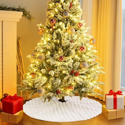 Christmas Tree Skirt White Plush 36 inch Faux Fur Xmas Tree Skirt Soft Plush Stripe Textured Pattern for Holiday Party Christmas Tree Decorations - Image 2