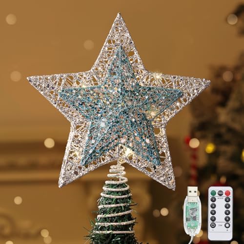 Lewondr Lighted Christmas Star Tree Topper with Remote & Timer, Blue&Silver by Lewondr