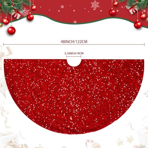 Christmas Tree Skirt 48 Inch, Red Sequin Christmas Trees Skirt, Large Sparkle Xmas Tree Stand Base Used for Christmas Holiday Indoor Home Decoration - Image 4