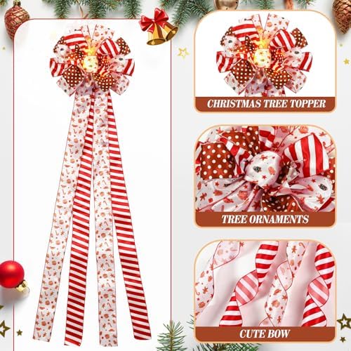 Thiccywoov Christmas Tree Topper 12 x 45'' Large Christmas Bows with Glitter Large Gingerbread Man Toppers Decorative Gift Bows for Wreaths Thanksgiving Xmas Tree Ornament - Image 3