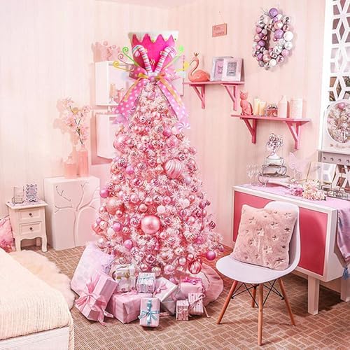 Christmas Tree Topper Hat, Candy Canes Tree Topper, Pink Tree Topper Christmas Decorations with Bow Ribbon Christmas Tree Ornaments for Home Decor - Image 5