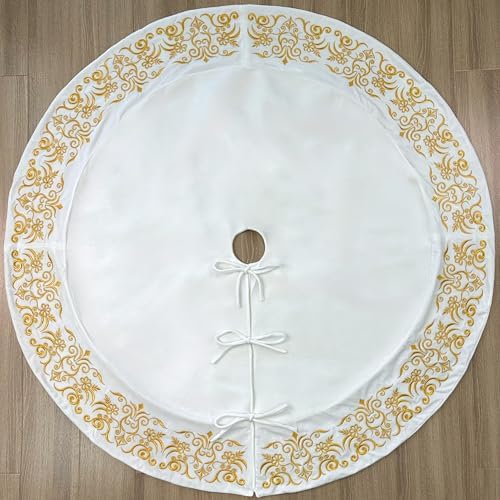 72-Inch Victorian Velvet Christmas Tree Skirt with Gold Damask Embroidery and Plush Lace Ties, Ivory - Image 3