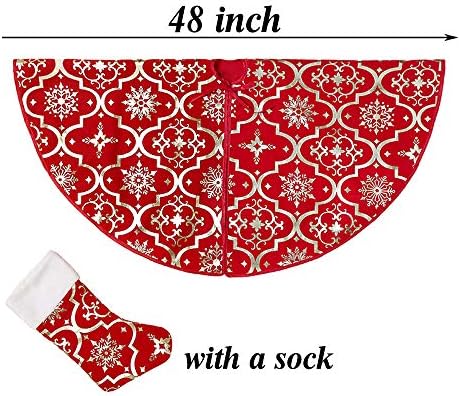 Red Flannel Tree Mat, 48 inches Large with Gilded Christmas Patterns Skirt for Xmas Tree Holiday Party Decorations Indoor Outdoor with 1 Christmas Stocking - Image 2