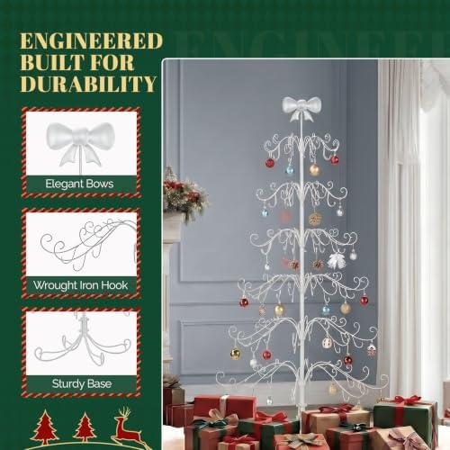 VINGLI 6ft Metal Christmas Ornament Tree Stand w/Bow Topper, 192 Branches, Decorative Iron Display Tree for Hanging Ornaments, Wrought Iron Christmas Tree Decoration for Holiday Home Decor, White - Image 5