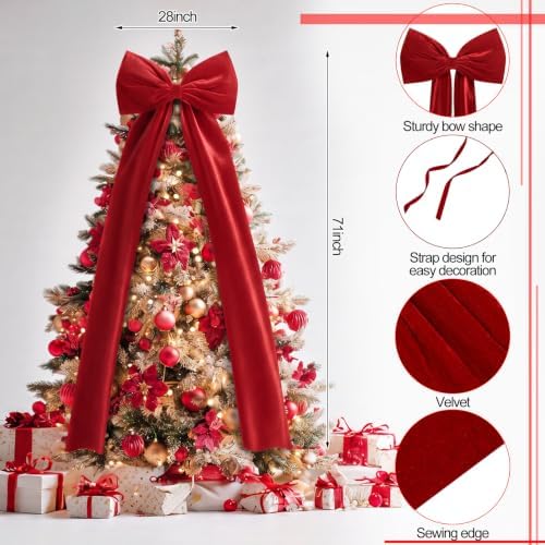 Knitgrip Extra Large Velvet Christmas Tree Topper Bow, Red, 71 Inch - Image 2
