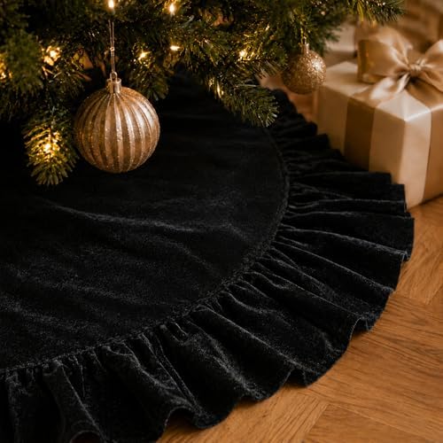 60-Inch Black Ruffled Velvet Christmas Tree Skirt with Bow Ties, Extra Large Vintage Round Pleated Xmas Tree Base Cover for Christmas Holiday Home and Party Decor, 150 cm - Image 2