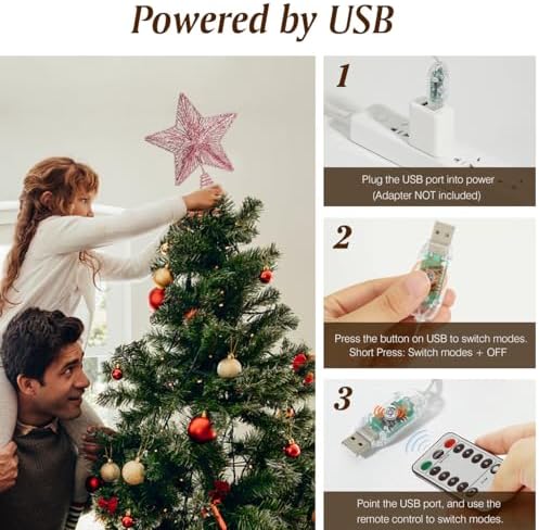Lewondr Lighted Christmas Star Tree Topper with Remote & Timer, Pink - Image 5