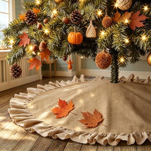 Burlap Fall Christmas Tree Skirt with Ruffle, 48'' Large Tree Decorations by TIOSGGD