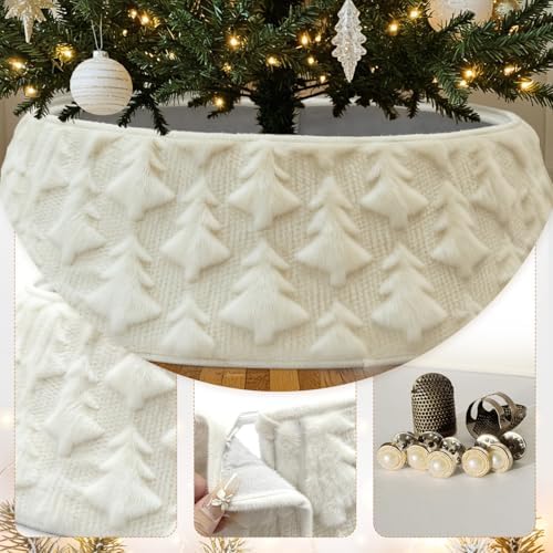 OurWarm White Faux Fur Christmas Tree Collar, Plush Tree Skirt Style Base Cover, Decorative Holiday Tree Ring for 7.5ft to 9Ft Trees, Rustic Farmhouse Christmas Decor Indoor - Image 2
