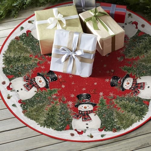AVOIN colorlife Cardinals Cedar Snowman with Scarf Christmas Tree Skirt 48" - Image 4