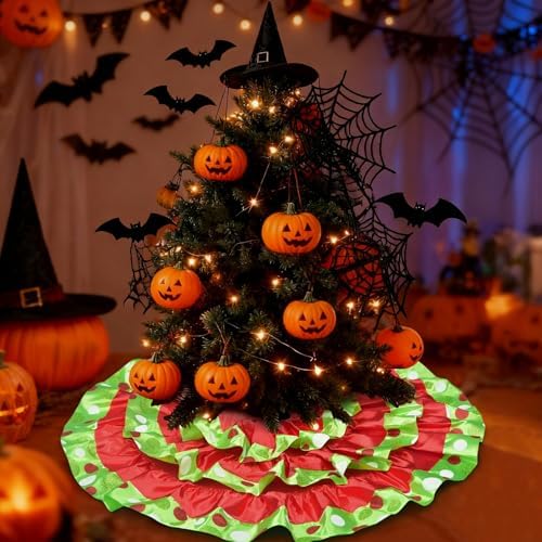 yuboo 24 Inch Tabletop Christmas Tree Skirt - Small Red and Green Polka Dots Ruffle Tree Skirt, Mini Xmas Tree Mat for Pencil Tree, Halloween Christmas Tree Decorations Ornaments - Image 3