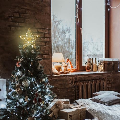 YEAHOME Christmas Tree Topper, Gold Glittered Hollow 5-Point Star Tree Topper for Christmas Tree Decorations, Lighted Wire Star with 20 LED Lights for Christmas Treetop, Xmas Tree Topper with Timer - Image 4