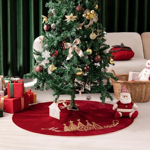 CROWNED BEAUTY 50 Inch Red Velvet Christmas Tree Skirt, Tree Embroidery - Image 2