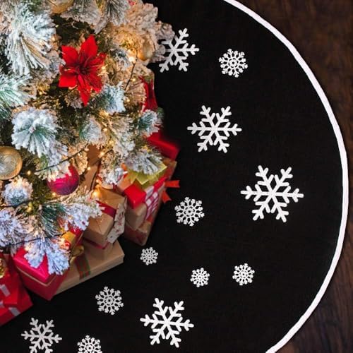 N&T NIETING Christmas Black Tree Skirt, 24 Inch Rustic Burlap Tree Skirt with Snowflakes Printed for Xmas Holiday Party Indoor Home Winter Nightmare Before Christmas Tree Decorations - Image 3