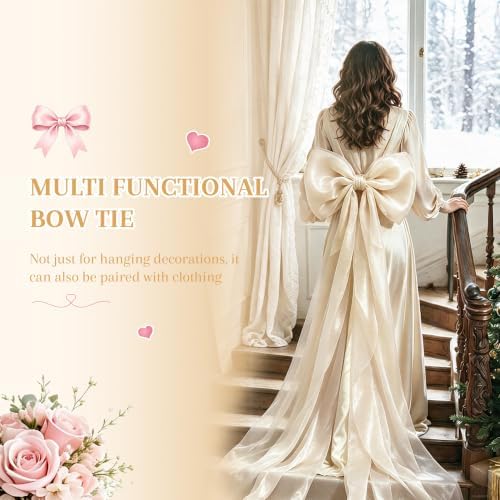 Big Satin Bow Coquette Room Decor, 16x79 Inch Large Christmas Bows for Birthday Decorations, Christmas Tree Topper, Girl Room Decor, Bachelorette, Wedding, Baby Shower, Front Door, Wreath (Beige) - Image 4
