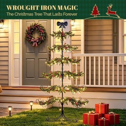 VINGLI 6ft Metal Christmas Ornament Tree Stand w/Bow Topper, 192 Branches, Decorative Iron Display Tree for Hanging Ornaments, Wrought Iron Christmas Tree Decoration for Holiday Home Decor, Black - Image 4