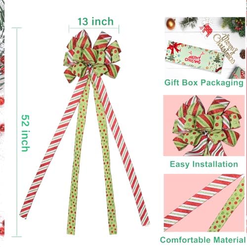 Christmas Tree Topper Wreath Bow Large Green Christmas Bow Tree Topper with Red Green Dot Patterned Gift Bows for Xmas Ornament Holiday Home Thanksgiving Indoor/Outdoor Decoration 52"x13" - Image 2
