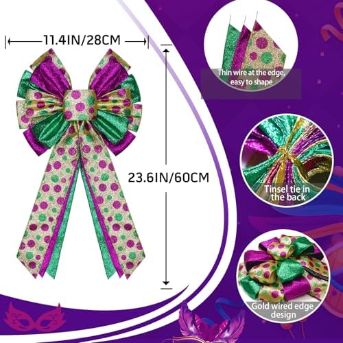 Mardi Gras Tree Topper Bow Decorations,12?€?x20?€? Large Glitter Wreath Bow Decor for Tree Holiday Party Wall Home Front Door Float Golf Cart Gold Green Purple - Image 2