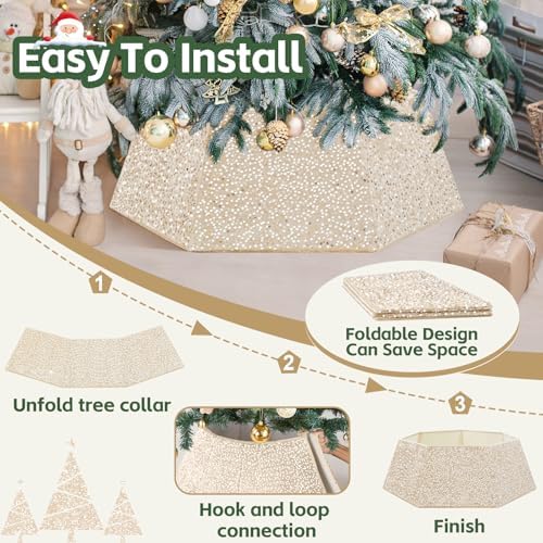 Champagne Gold Tree Collar 31.49 Inch Sequin Foldable Christmas Tree Ring Velvet Tree Skirt Cover for 9ft Xmas Pencil Tree Holiday Decor - Image 4