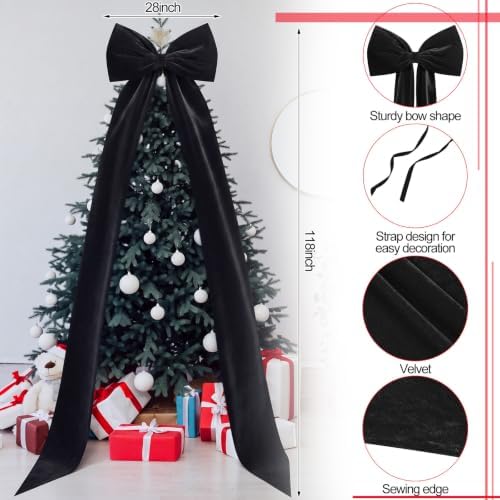 Knitgrip Extra Large Velvet Christmas Tree Topper Bow, Black, 118 Inch - Image 2