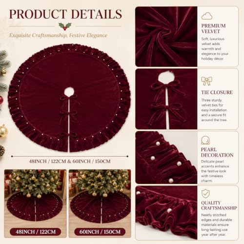 Christmas Tree Skirt Wine Red Velvet with Ruffled Pearl 48 Inch - Image 5