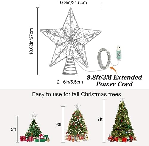 Lewondr Vintage Metal Beaded Christmas Star Tree Topper with Lights, Silver - Image 4