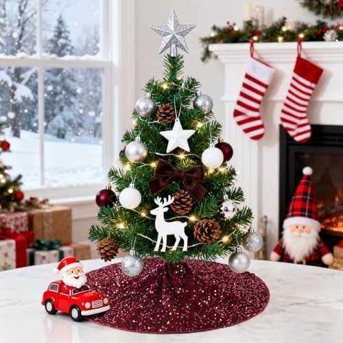 Christmas Tree Skirt Burgundy Velvet Tree Skirt Small Sequined Tree Skirts 21 Inch Mini Sequin Glitter Tree Cover Mats Metallic Tree Ornaments for Silm Tree Maroon Skirt Tree Burgundy Christmas Decor - Image 5