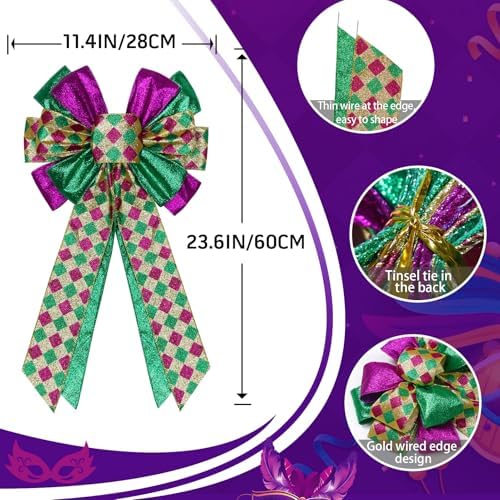2 Pcs Mardi Gras Bows for Wreaths Decorations,12?€?x20?€? Large Glitter Tree Topper Bow Decor for Holiday Party Wall Home Front Door Float Golf Cart Gold Green Purple - Image 2