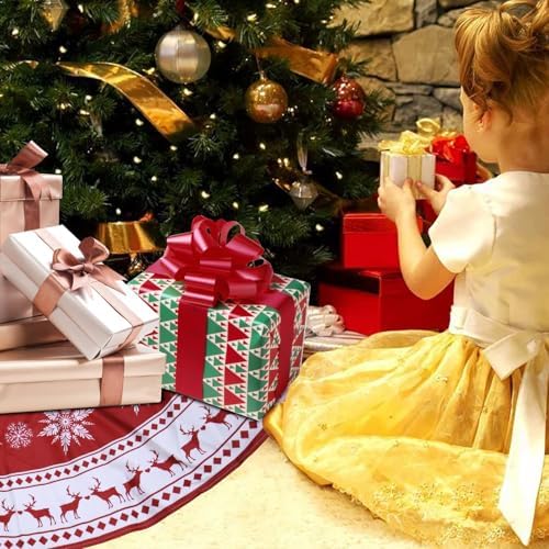 Christmas Tree Skirt 48 inch Large Tree Skirt Snowflake Reindeer Red Xmas Tree Skirt Rustic Christmas Tree Mat Decorations for Winter New Year Holiday Party Decor Indoor Outdoor - Image 2
