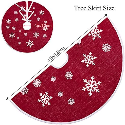 48 Inch Red Burlap Christmas Tree Skirt with White Snowflakes - Image 4