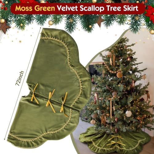 Arrowbash 72 Inch Olive Green Christmas Tree Skirt Velvet Fur Scallop Tree Skirt Sparking Gold Lace Trim for Party Rustic Xmas Holiday Decorations All Year - Image 4
