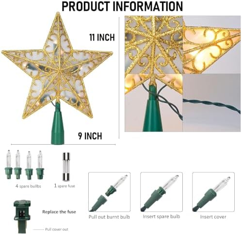 Dazzle Bright 11'' Star Tree Topper, Glitter Christmas Tree Top with 10 Lights, Xmas Tree Decoration (Gold) - Image 4